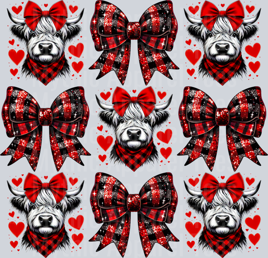 Cows And Bows Highland Cow Red Black Plaid Bow Style Combo Valentines Day Design