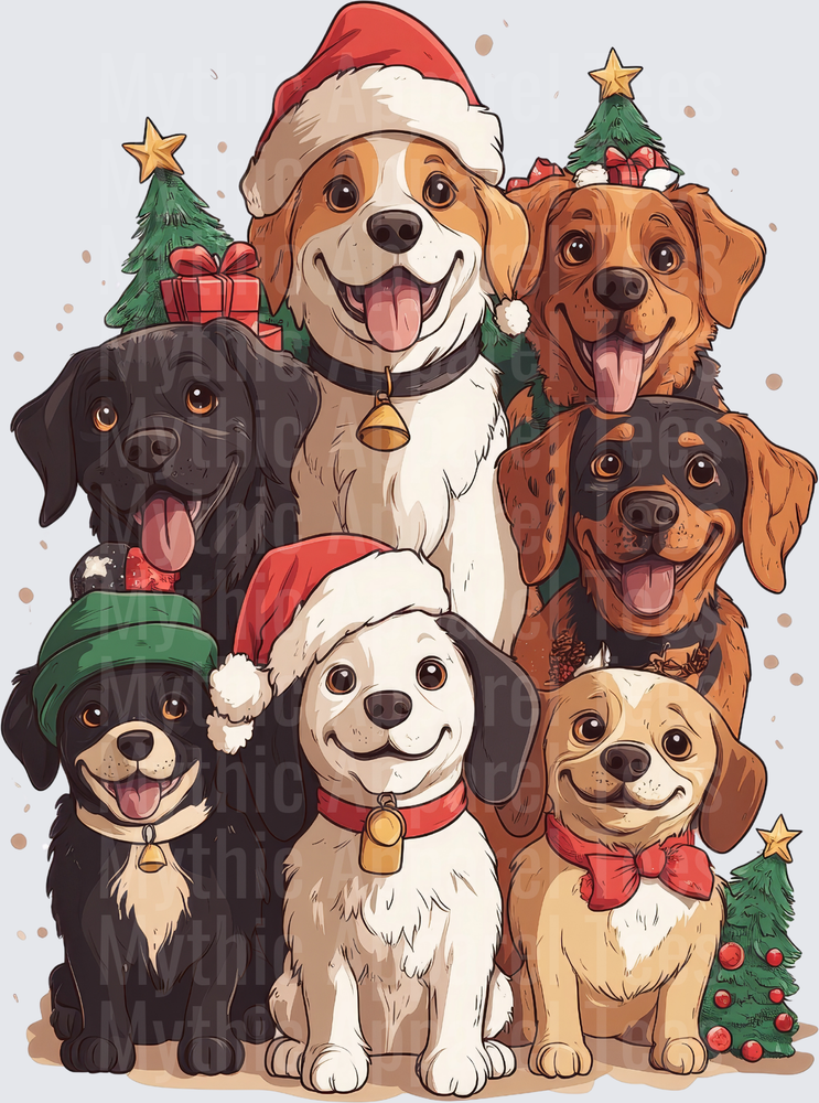 Festive Holiday Dog Squad with Santa Hats Christmas Trees and Bow Ties Cartoon Puppy Group Portrait