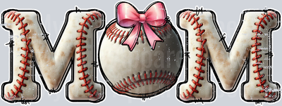 Baseball Mom retro style with pink bow and red stitches on letters DTF Baseball Transfers