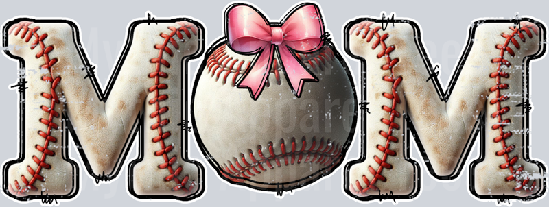 Baseball Mom retro style with pink bow and red stitches on letters DTF Baseball Transfers