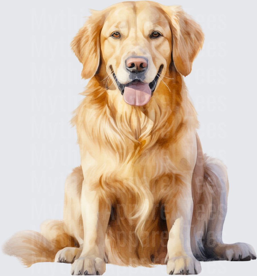Watercolor Golden Retriever Sitting Portrait with Happy Smile and Tongue Out