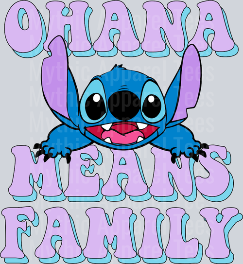 Ohana means family with purple words and blue stitch DTF Lilo and Stitch Transfers