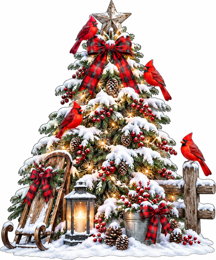 Christmas Snowy Pine Tree with Red Cardinals Buffalo Plaid Bows Rustic Sled Lantern and Barn Star Topper