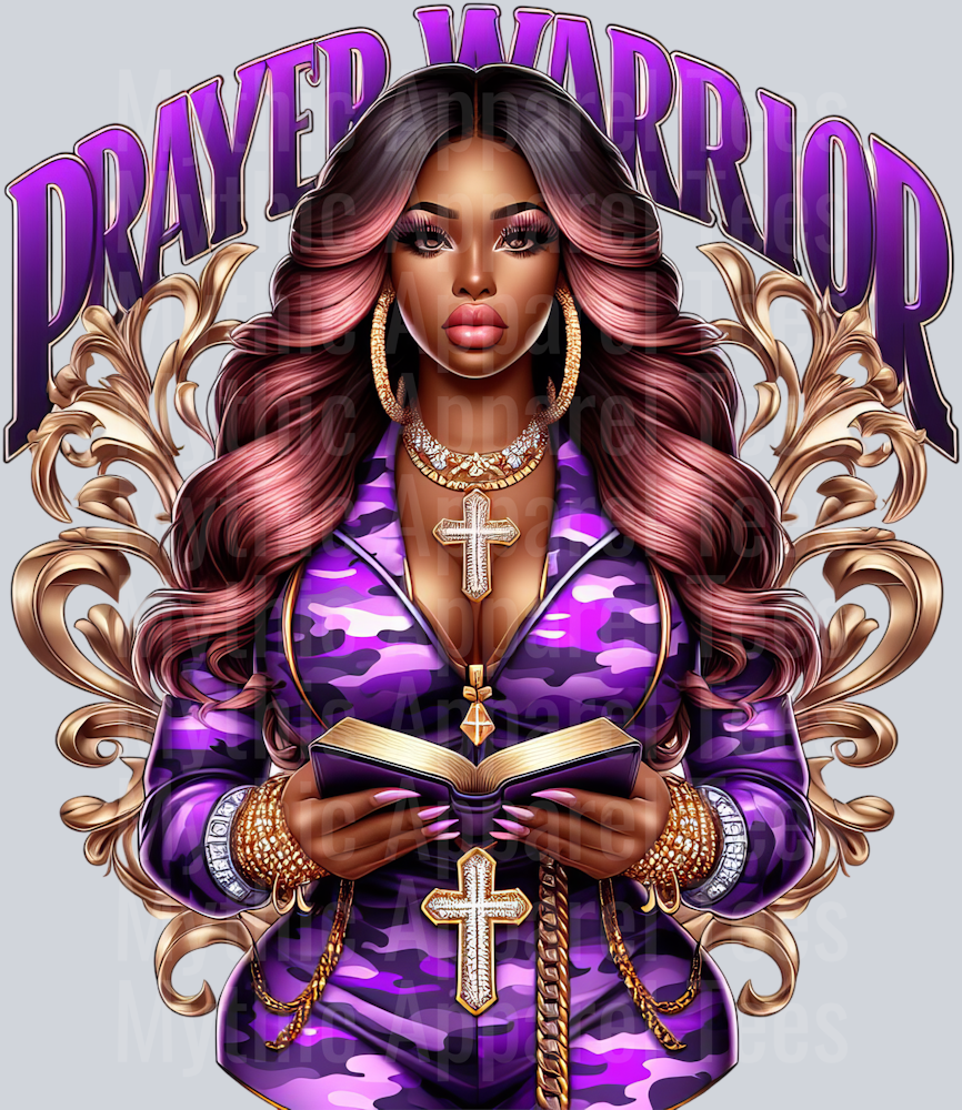 Girl with open bible cross PW Purple Prayer Warrior DTF Religious Transfers