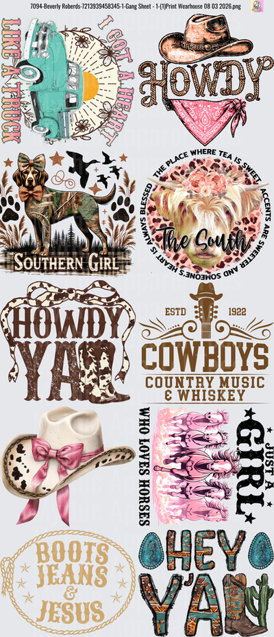 Gang Sheet FULL SIZE DESIGNS Country Western Cowboy Howdy Southern Girl Boots Jeans Jesus Collection