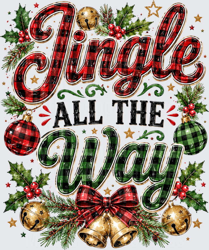 Jingle All The Way Buffalo Plaid Christmas Typography with Holly Bells and Ornaments
