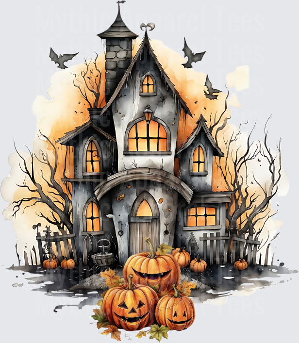 Watercolor Halloween Haunted House with Jack-O-Lanterns Bats and Bare Trees Orange Glow Spooky Mansion