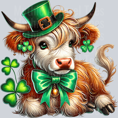 St Patrick's Day Highland cow with shiny hat and green bow DTF Highland Cow Transfers