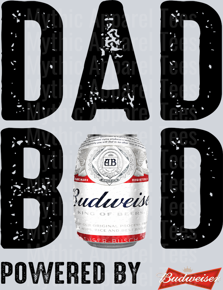 Dad bod powered by Budweiser black white DTF Drink Transfers