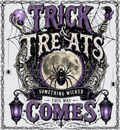 Trick & Treats Something Wicked This Way Comes Gothic Halloween Spider Full Moon Witch Hands Purple Lanterns Ravens Spiderwebs Victorian Dark Carnival