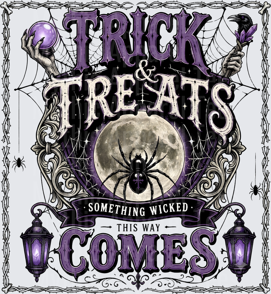 Trick & Treats Something Wicked This Way Comes Gothic Halloween Spider Full Moon Witch Hands Purple Lanterns Ravens Spiderwebs Victorian Dark Carnival