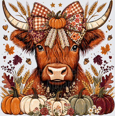 Fall Designs Boho Highland Cow With Patchwork Coquette Bow Pumpkin Crown Surrounded By Autumn Pumpkins Wheat Acorns and Fall Leaves