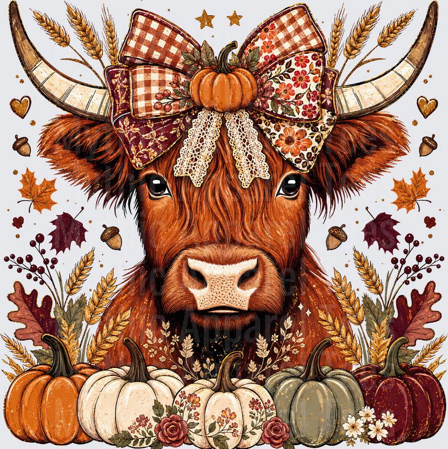 Fall Designs Boho Highland Cow With Patchwork Coquette Bow Pumpkin Crown Surrounded By Autumn Pumpkins Wheat Acorns and Fall Leaves