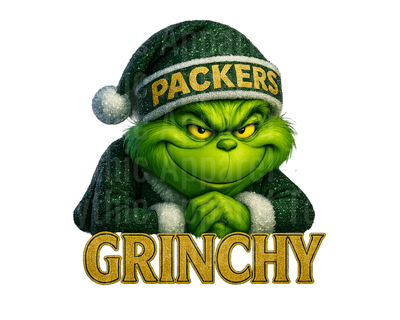 NFL Football Green Bay Packers Grinchy Grinch Christmas Santa Hat Glitter Gold Green Smirking Holiday Design