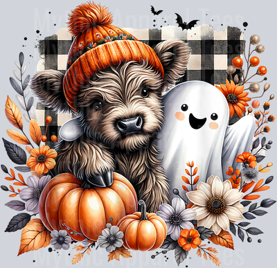 Highland Cow Halloween Ghost Autumn Fall Leaves Floral Plaid T-Shirt