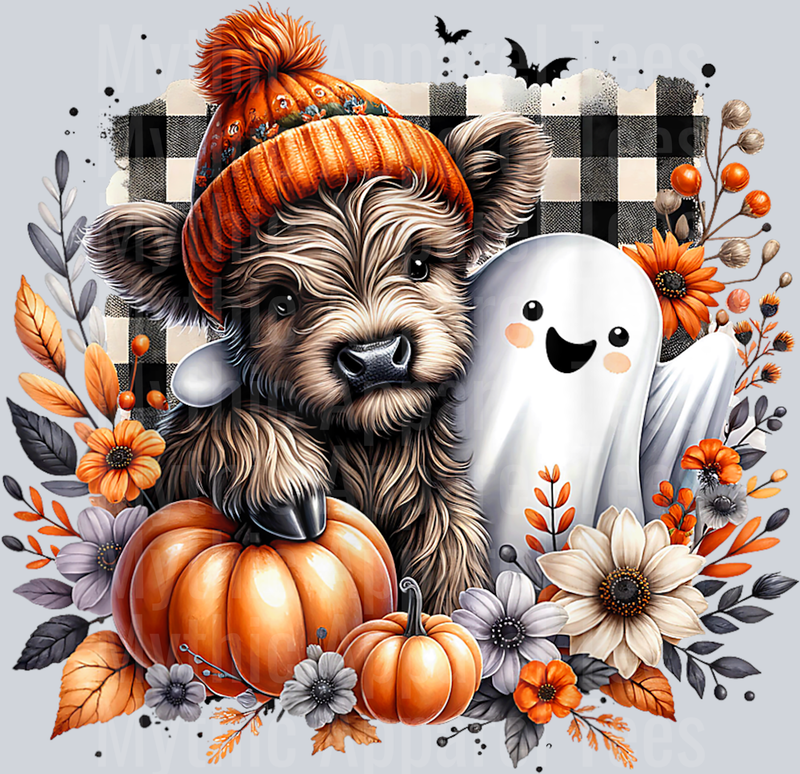Highland Cow Halloween Ghost Autumn Fall Leaves Floral Plaid T-Shirt