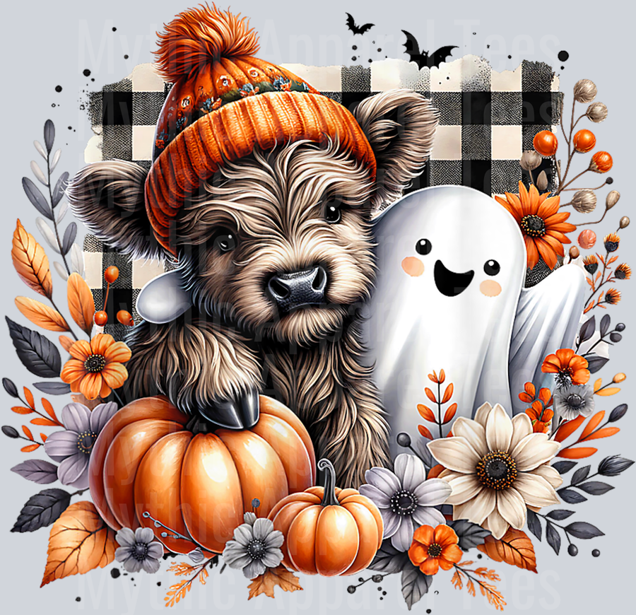 Highland Cow Halloween Ghost Autumn Fall Leaves Floral Plaid T-Shirt