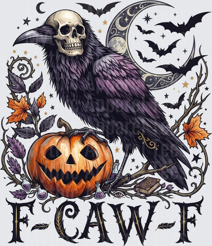 F-CAW-F Skull Raven Gothic Halloween Crow with Jack-O-Lantern Crescent Moon and Flying Bats Spooky Witchy Design