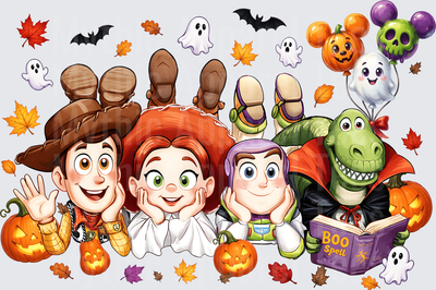 Halloween Toy Story Woody Jessie Buzz Lightyear and Rex in Spooky Costumes with Jack-o-Lanterns Bats Ghosts and Boo Spell Book Fall Leaves Mickey Balloons