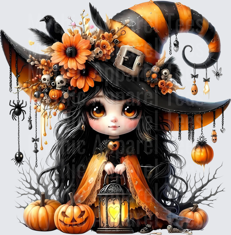 Cute Chibi Witch Girl with Orange Black Striped Hat Lantern Jack-O-Lanterns Raven Spiders Halloween