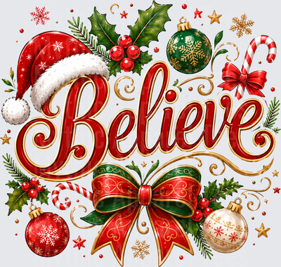 Believe Christmas Script with Santa Hat Holly Ornaments Candy Canes and Festive Bows