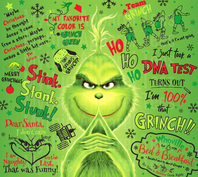 The Grinch Holiday Collage with Quotes Stink Stank Stunk Merry Grinchmas 100% That Grinch Green Christmas Design