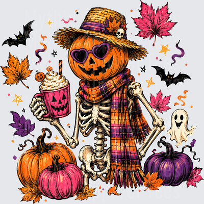 Spooky Skeleton Pumpkin Head Scarecrow with Heart Sunglasses Holding Halloween Latte Cup Surrounded by Autumn Leaves Bats and Ghost
