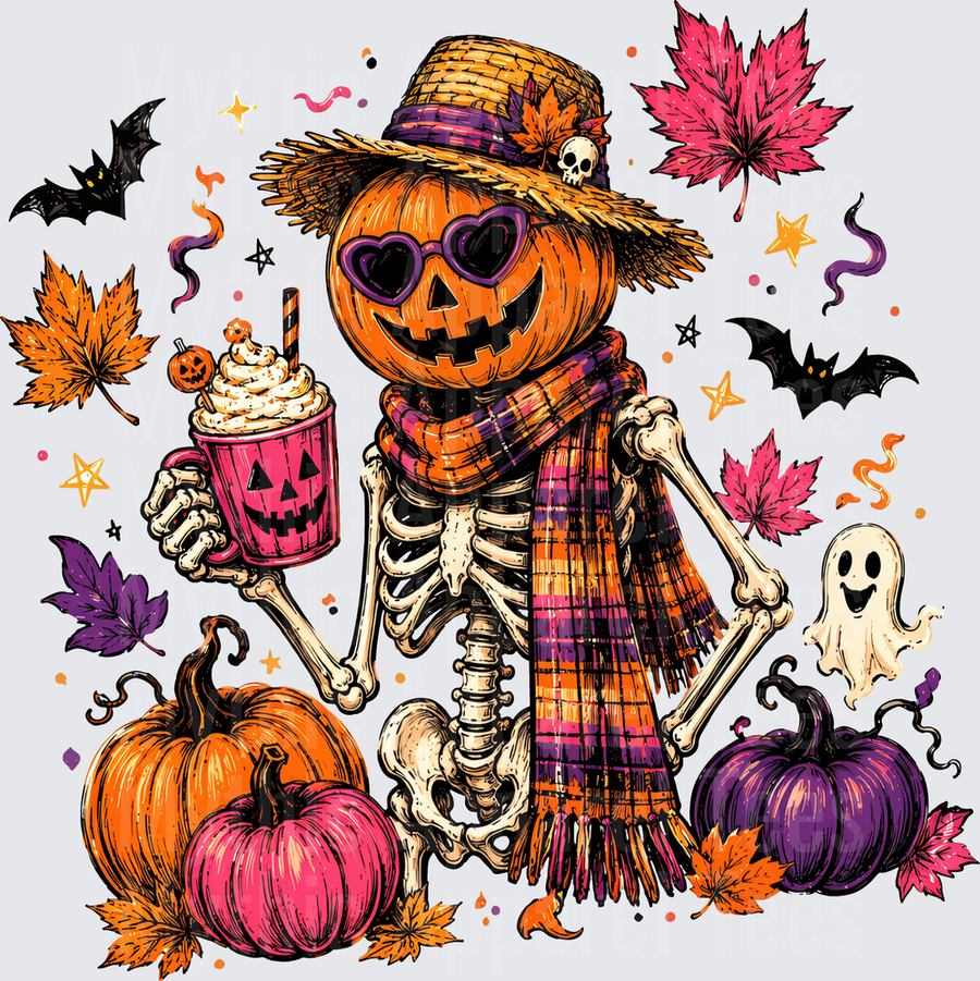 Spooky Skeleton Pumpkin Head Scarecrow with Heart Sunglasses Holding Halloween Latte Cup Surrounded by Autumn Leaves Bats and Ghost