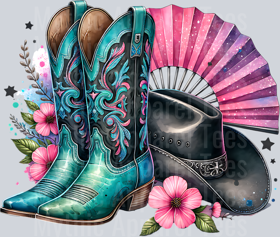 TEAL BOOTS AND PINK FAN CLIPART
