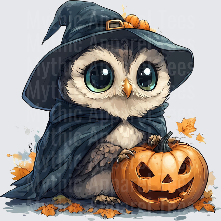 Cute Baby Owl In Witch Hat And Cape With Jack-O-Lantern Pumpkin And Fall Leaves