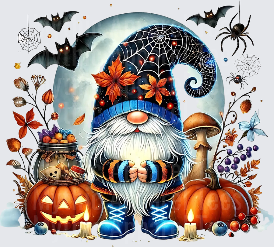 Halloween Gnome with Spiderweb Hat Autumn Leaves Jack-o-Lanterns Bats and Mushrooms Full Moon Fall Scene