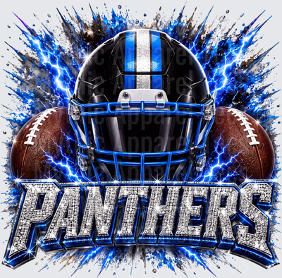 Rhinestone Style NFL Panthers Black and Blue Football Helmet with Lightning Bolt Explosion and Diamond Encrusted Bold Text Graphic