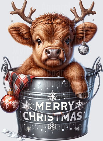 Highland Christmas Cow Reindeer Antlers Galvanized Bucket