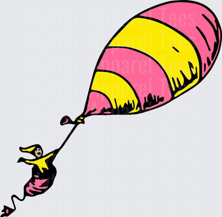 DR Seuss Character Floating with Pink Yellow Striped Balloon