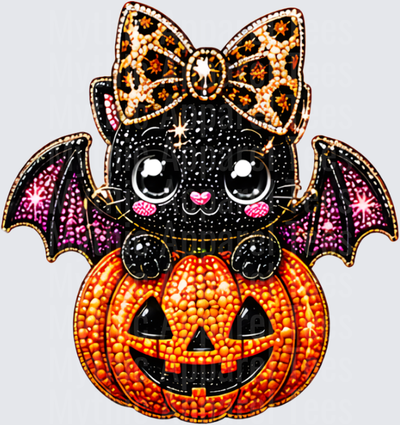 Halloween Bling Cute Black Bat Kitty with Leopard Print Bow Sitting on Jack-o-Lantern Rhinestone Sparkle Design