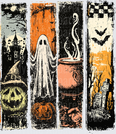 Distressed Halloween Four Panel Vintage Grunge Banner Set with Haunted Mansion Jack-O-Lantern Witch Hat Ghost Pumpkin Bubbling Cauldron and Spooky Graveyard with Flying Bats