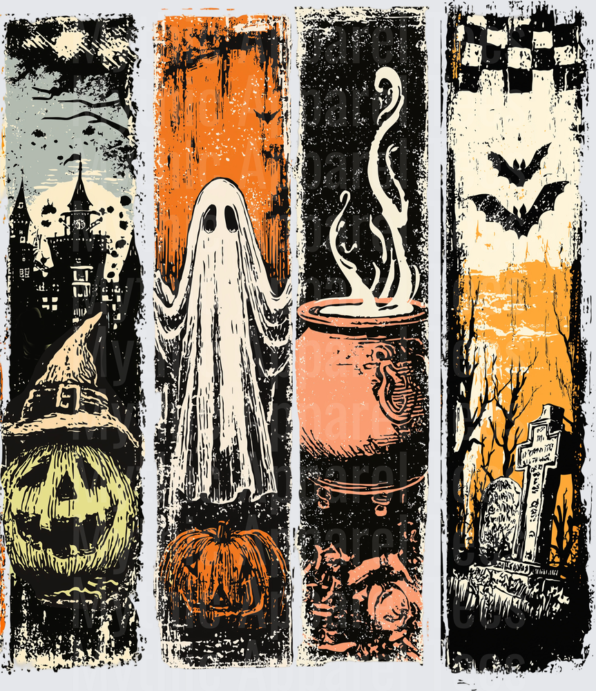 Distressed Halloween Four Panel Vintage Grunge Banner Set with Haunted Mansion Jack-O-Lantern Witch Hat Ghost Pumpkin Bubbling Cauldron and Spooky Graveyard with Flying Bats