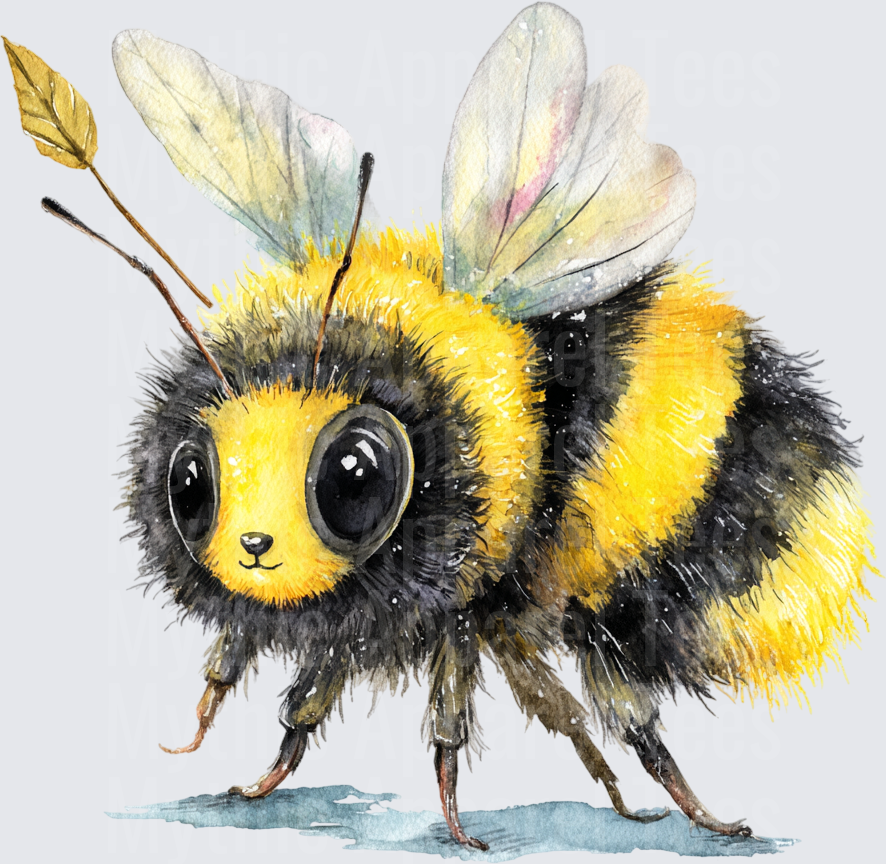 Adorable Fluffy Bumblebee Big Eyes Watercolor Whimsical Bee with Leaf Antennae