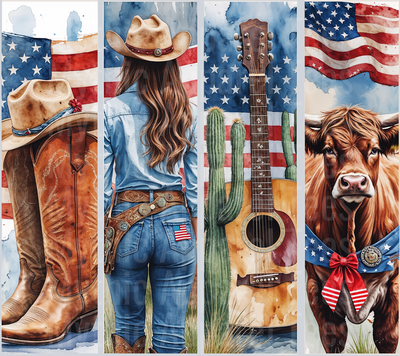 Highland Cow Cowgirl Boots Guitar Red White and Blue DTF Western Patriotic Transfers
