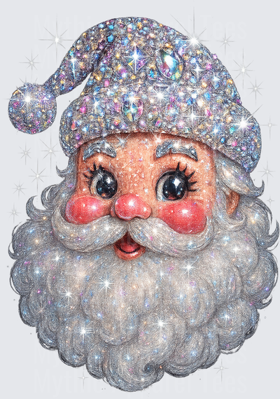 Christmas Bling Retro Santa Claus Face with Holographic Glitter Hat and Sparkling Silver Beard