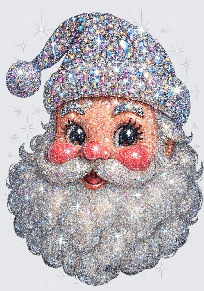 Christmas Bling Retro Santa Claus Face with Holographic Glitter Hat and Sparkling Silver Beard