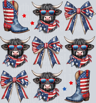 Highland Cow and Cowgirl Boots Bow Red White and Blue DTF Western Patriotic Transfers