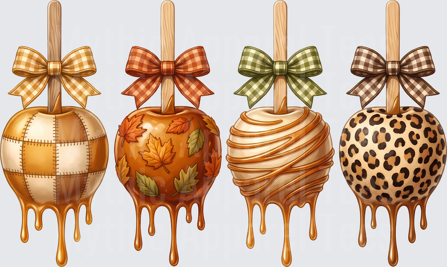 Fall Caramel Apples Patchwork Plaid Autumn Leaves Drizzle and Leopard Print Set with Gingham Bows