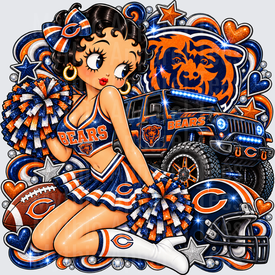Betty Boop Chicago Bears Cheerleader with Jeep Helmet Football and Team Logo Glitter Design