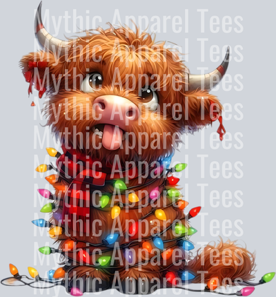 Highland Cow wrapped in lights and a plad scarf