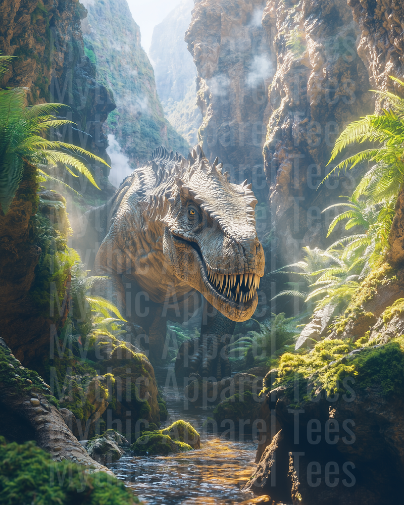 Massive T-Rex Prowling Through Misty Jungle Canyon with Ferns and Rocky Stream