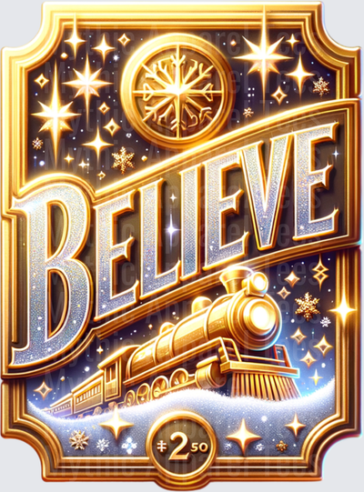Believe Polar Express Magic Golden Train Christmas Holiday Glitter Snowflake Sign with Train Ticket