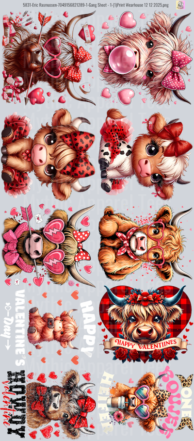 Highland Cow Valentines GANG SHEET 10 FULL SIZE IMAGES