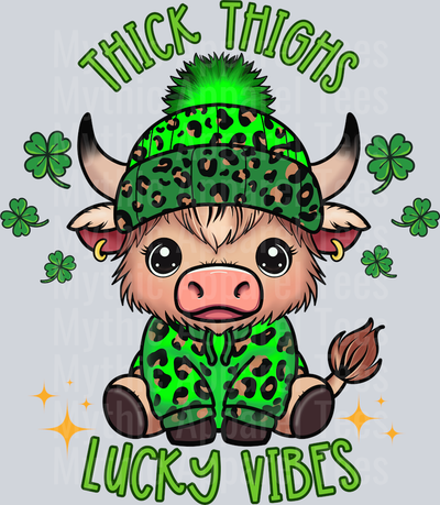 thick thighs lucky vibes Highland Cow DTF St Patrick's Day Transfers