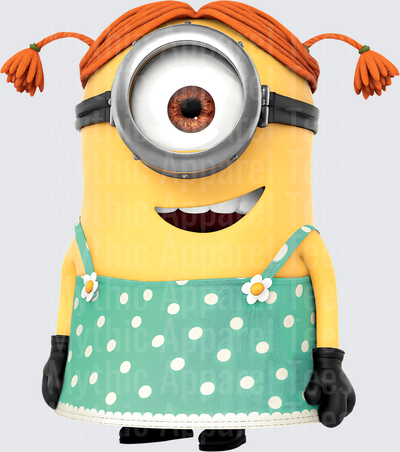 Minnions Girl Minion Red Pigtails Teal Polka Dot Dress Smile